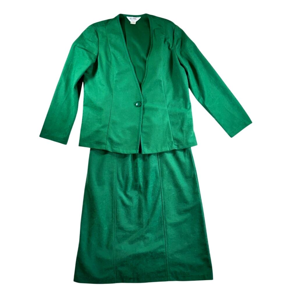 Vintage 70s 80s Blair Kelly Green Blazer‎ Jacket Suit Skirt Shoulder Pads